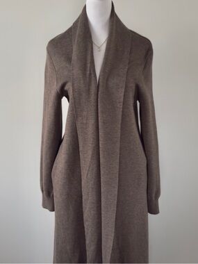 OUGES Brown Maxi Cardigan Sweater Open Front Shawl Collar Long Duster w/ Pockets